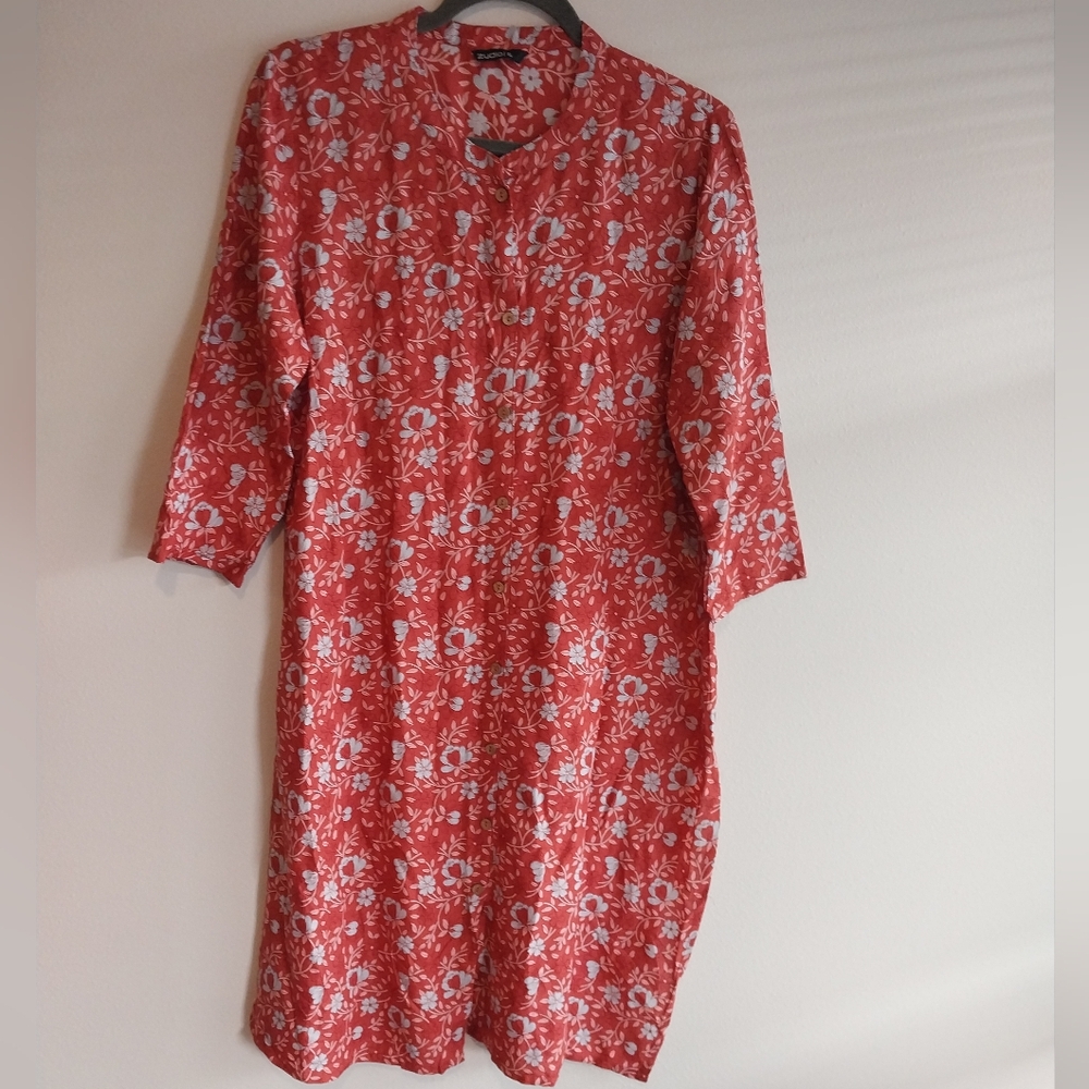 Zudio Red and Blue Floral 3/4 Sleeve Button Down Shirt Dress